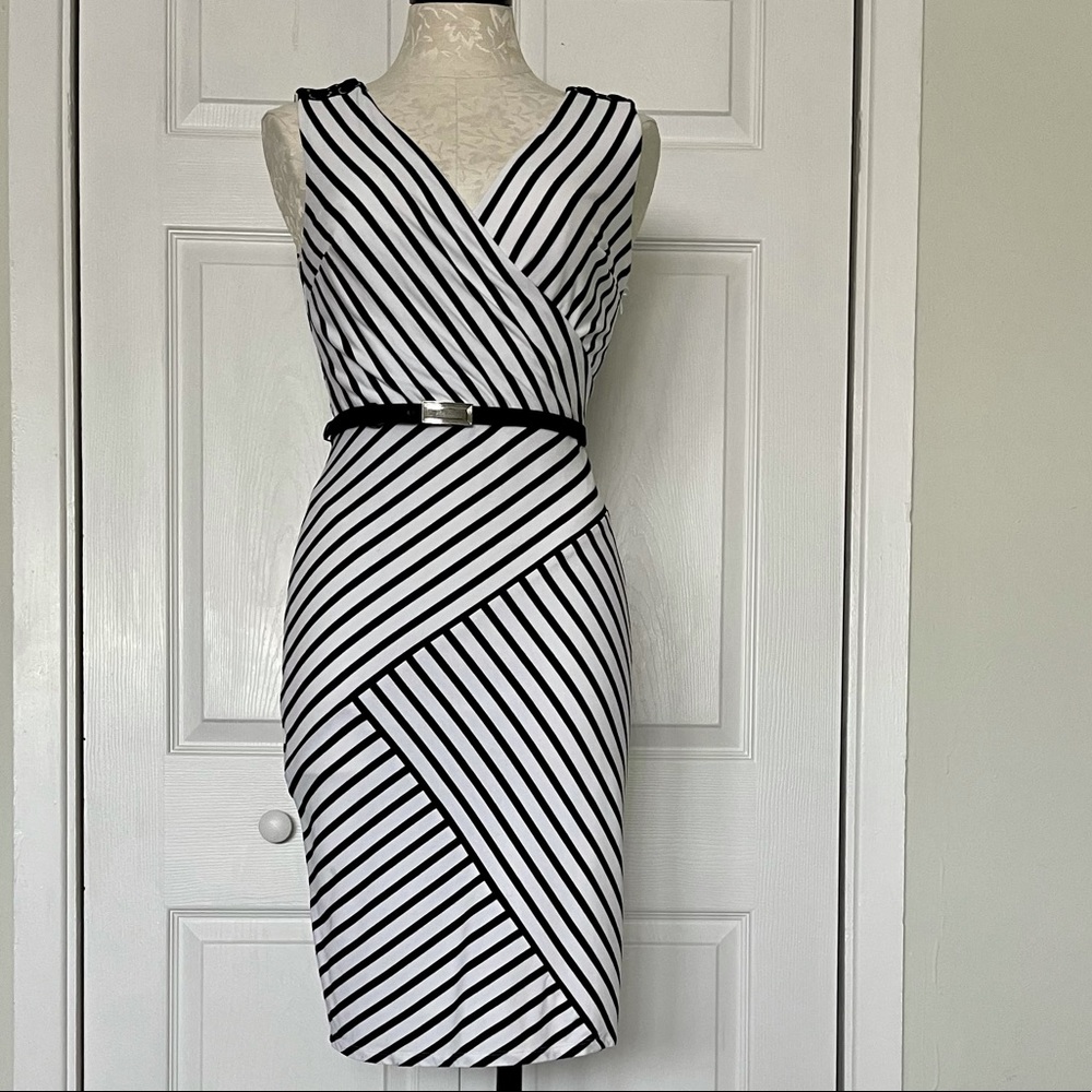 WHBM black/white striped sleeveless sheath dress